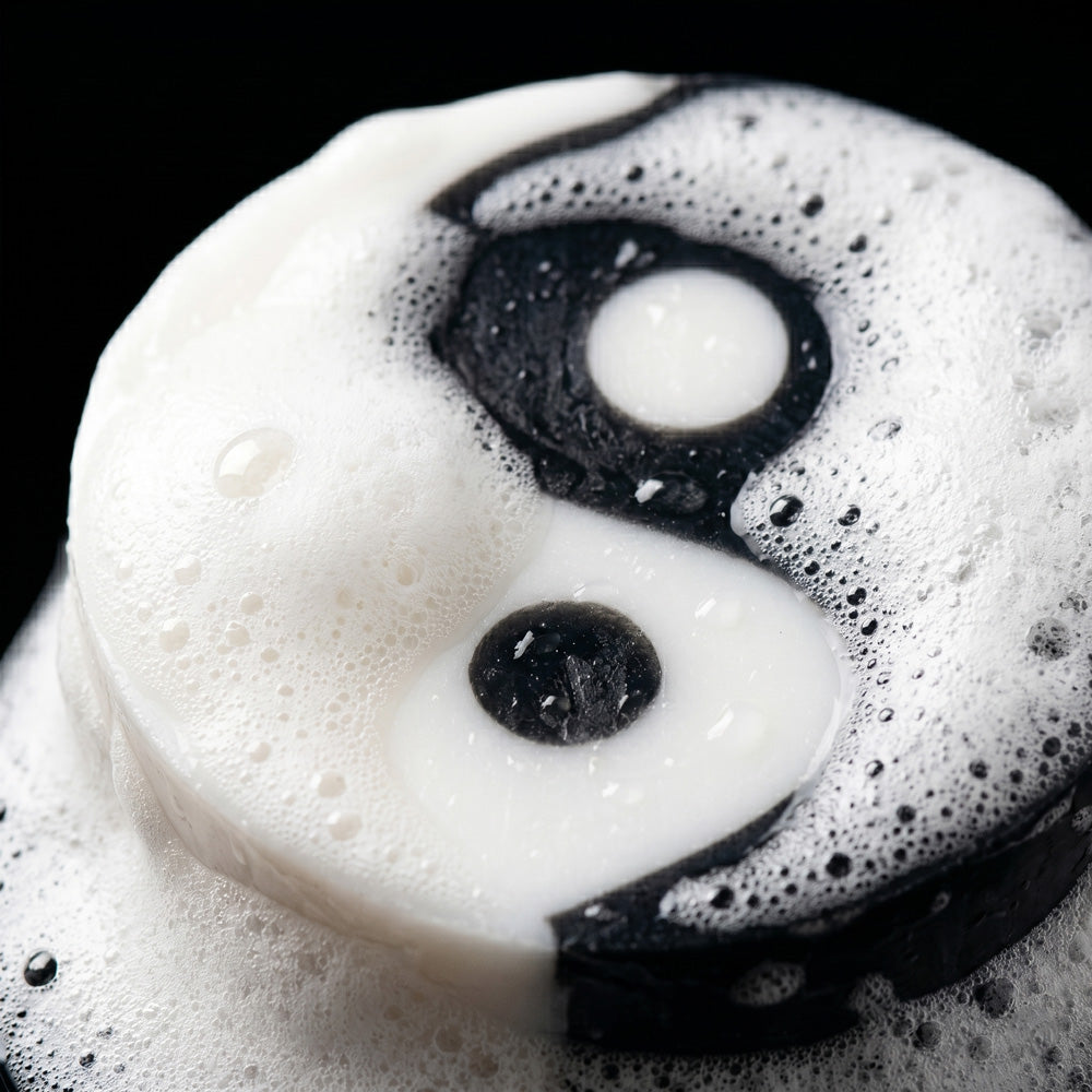 Pflanzliche Seife in Schwarz Weiss als Yin Yang Symbol von Blumenmaedchen mit schönem Schaum